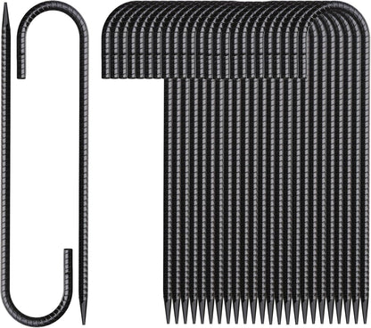 16 Inch Rebar Stakes J Hook 26 Pack Ground Stakes Heavy Duty Tent Stakes with Chisel Point End Chain Link Fence Stakes Galvanized Steel Ground Anchors Metal Spikes Black Coated