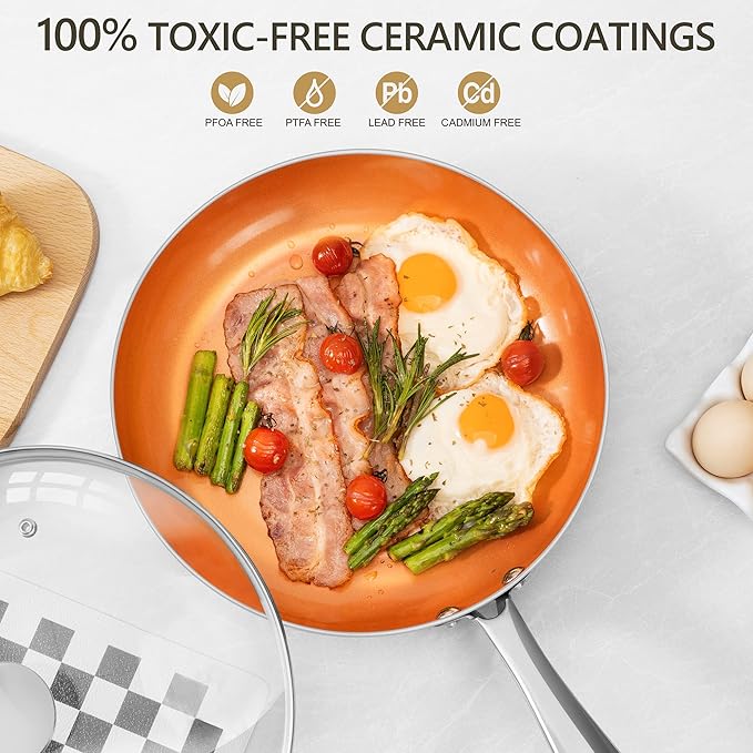 MICHELANGELO Copper Frying Pan Set with Lid, 8" & 10" Nonstick Skillets with Lids, Non Stick Frying Pans Set, Ceramic Non Toxic Fry Pans, Induction Compatible