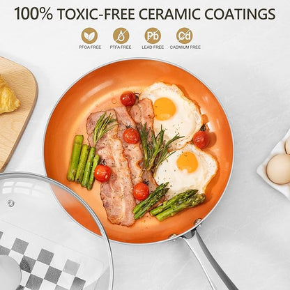 MICHELANGELO 10 Inch Copper Nonstick Frying Pan with Lid, Scratch Resistant Ceramic Coating, Oven and Dishwasher Safe