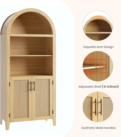 IDEALHOUSE Arched Kitchen Pantry Cabinet with Doors - 5-Tier Open Display Shelf with Rattan Decor, Farmhouse Storage Cabinet for Kitchen, Dining Room, Living Room, Natural