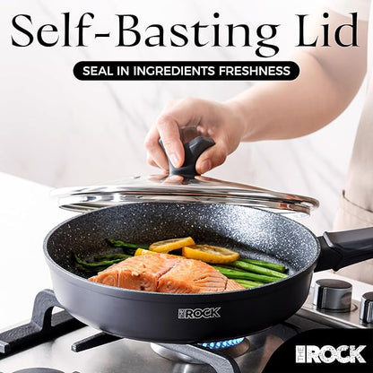 THE ROCK SOHO 12.5-Inch Non Stick Frying Pan with Lid – Nothing Sticks, Never Warps, Lasts Longer, Healthy Skillet with Heat-Resistant Handle, PFOA Free, Oven & Dishwasher Safe, Black