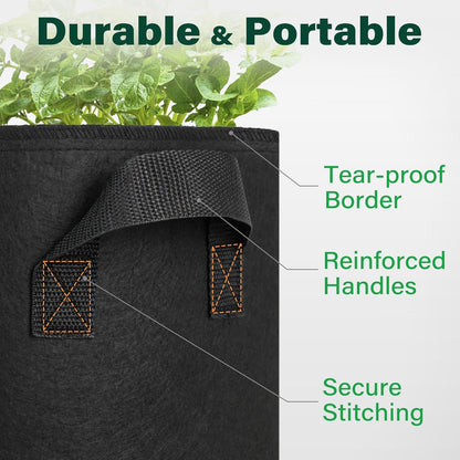 LotFancy 5-Pack 10 Gallon Grow Bags, Thickened Nonwoven Aeration Fabric Pots with Reinforced Handles, Heavy Duty Gardening Planter Containers for Vegetables Flowers Fruits, Black