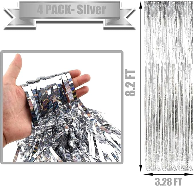 4 Pack Silver Foil Fringe Curtain Backdrop, 3.28Ft x 8.2Ft Metallic Tinsel Foil Fringe Streamer Curtains for Photo Booth Props, Birthday, Wedding, New Year’s, Christmas Decoration Party Supplies