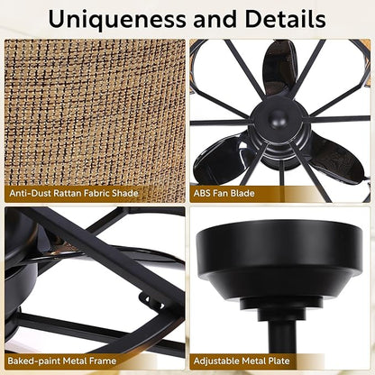 Ceiling Fans with 6-Bulb Lights and Remote, Flower Shaped Ceiling Light with 6 Adjustable Speed and for Bedroom, Kitchen and Living Room, Fabric Shade