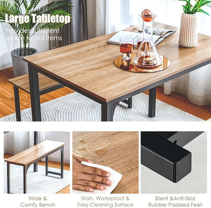 NAFORT 3-Piece Modern Dining Table Set for 4, 43.5" x 27.5" x 29.5", Black, Space-Saving with Under-Bench Storage, MDF Wood & Metal Frame, Ideal for Home & Restaurant