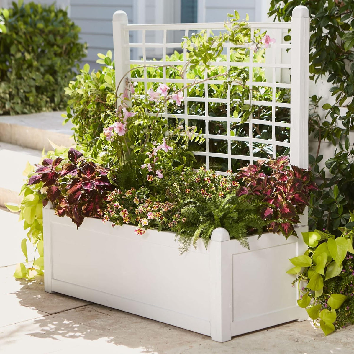 BrylaneHome Outdoor Freestanding Climbing Flower Plant Box with Trellis Planter Patio Deck Yard - White
