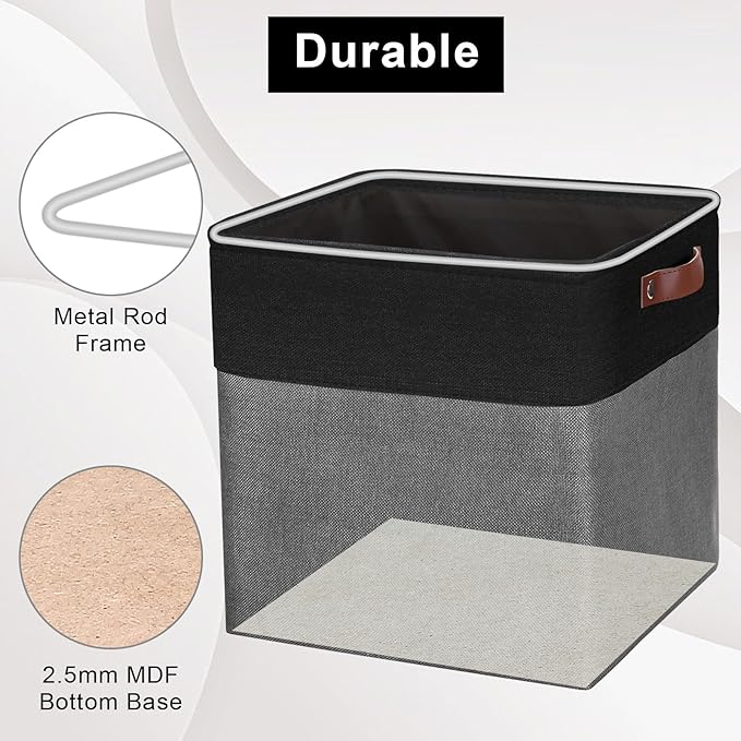 13x13 Cube Storage Bins, Collapsible Fabric Storage Box, 4 Pack Closet Baskets with Handles for Organizing, Shelf, Toys, Clothes, Home, Office, Nursery (Grey&Black)
