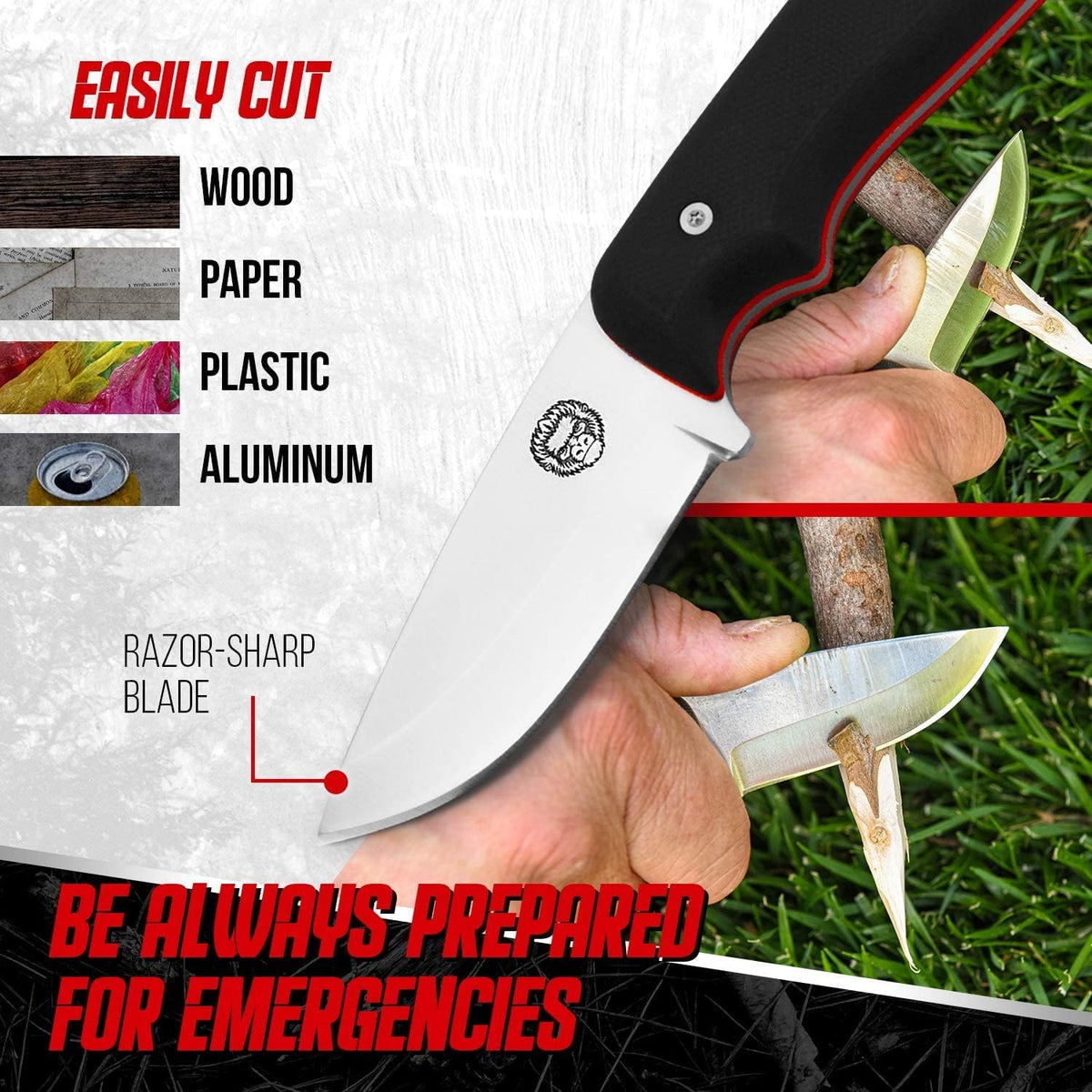 Redline Fixed Blade Hunting Knife with Ferro Rod and Sheath - Perfect for Outdoor Adventures - Holtzman's Gorilla Survival