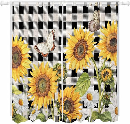 Sunflowers Living Room Curtains 96 Inch Length, Window Curtains Tab Top, Yellow Flowers Butterfly Farmhouse Black Plaid Light Filtering Window Treatments Drapes 52"x96" 2 Panel