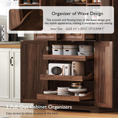 Merax 71" Tall Kitchen Pantry, Farmhouse Storage Cabinet with 6 Door Shelves, 2 Drawers and 3 Adjustable Shelves, Freestanding Rustic Wood Cupboard for Kitchen, Dining Room, Brown