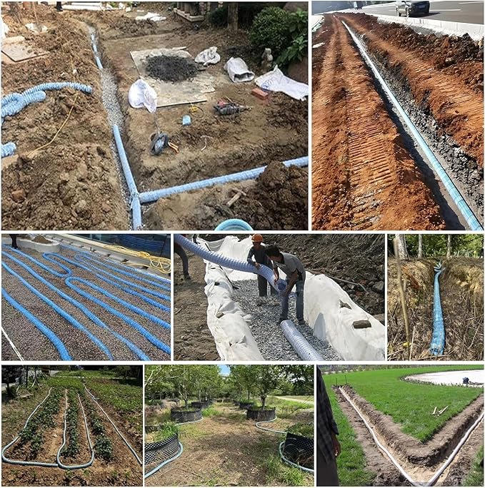 French Drain Pipe for Lawn, 2" 3" 4" 6" Corrugated Perforated Drains Pipes 3 5 12 25 50 100 Ft- Soil Infiltration Ground Water Drainage(Blue-Dia 15cm(5.9in),L 90ft)