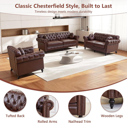 ORRD Chesterfield Small Loveseat, High Back Modern Faux Leather Couch with Button Tufted, Nailhead Trim, Rolled Arms, Extra Round Cushion – Classic Sofa for Living Room, Lounge, or Office, Dark Brown