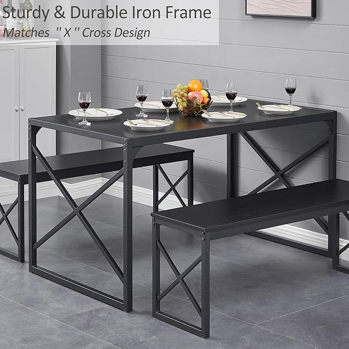 VECELO Kitchen Dining Table Set for 4 to 6, 55" Wood Dinette 2 Benches with Metal Frame for Dinner Breakfast Nook and Small Space, Black