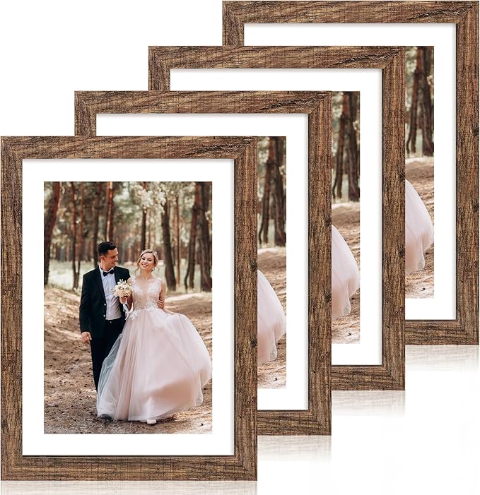 10x14 Picture Frame Set of 4 with Tempered Glass, Rustic Frame Display 8x12 Pictures with Mat or 10 x 14 Without Mat, Wooden Photo Frames for Wall Mounting
