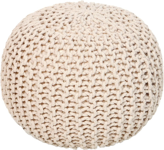 · REDEARTH · Round Pouf Ottoman - Hand Knitted Boho Poof Footrest - Ivory
