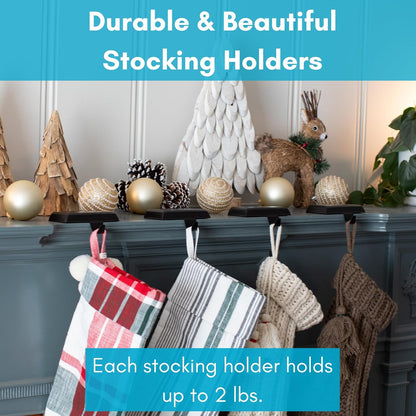 BIRDROCK HOME 4pk Flat Top Holiday Stocking Holder for Mantle | Black Finish with Non-Scratch Base | Fireplace Hook for Christmas Stockings Decor