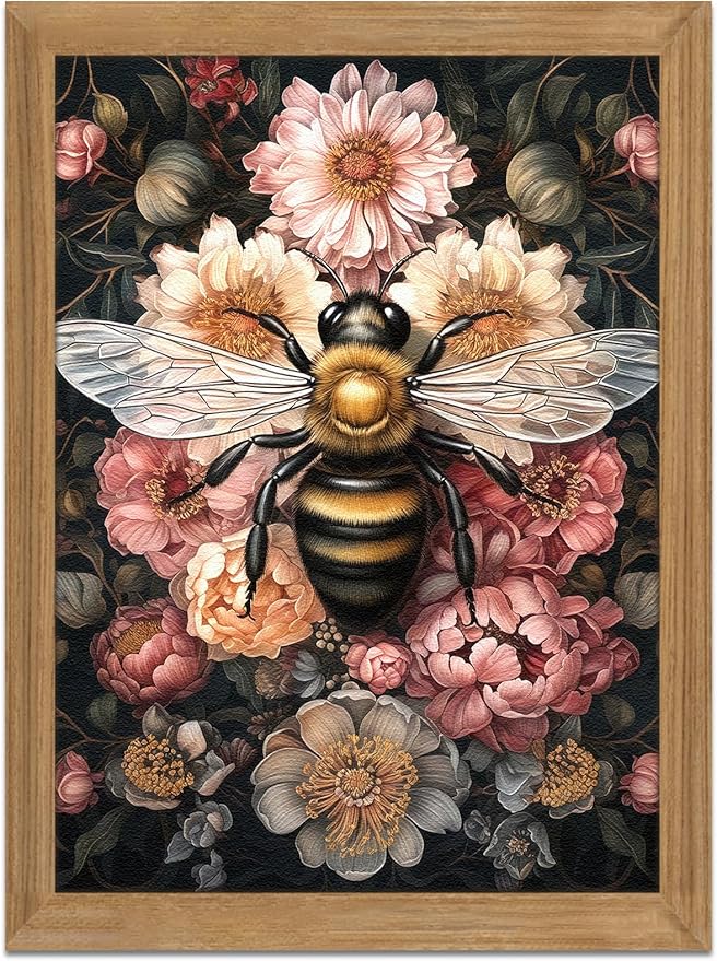 Framed Vintage 3D Textured Wall Art - Dark College Bee Flowers Wall Decor - Hand Drawn Sandstone Nature Botanical Pictures for Living Room Bedroom Home Decor 16x24 inches