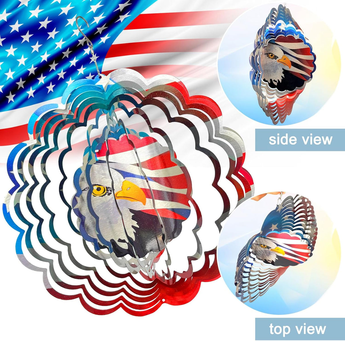 American Flag Wind Spinner - Patriotic Eagle Design | 12In 3D Holographic Hanging Wind Sculptures & Spinners, Outdoor Yard & Garden Decor for 4th of July, Memorial Day | Gift for Men, Women