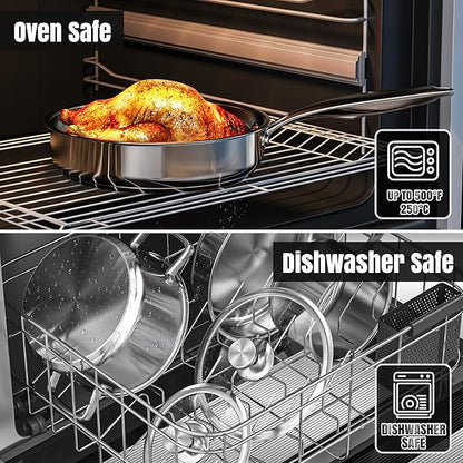 Stainless Steel Cookware Set, 16-Piece Pots and Pans Set Non Toxic, Kitchen Induction Cookware with Glass Lids, Steamer, Utensil Sets, Pot Protectors & Apron, Oven & Dishwasher Safe, Silver