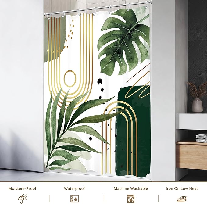 Glawry Green Gold Boho Mid Century Shower Curtain Small Stall RV Narrow Abstract Minimalist Modern Geometric Leaf Bathroom Simple 48Wx72L Inches Bath Accessories Art Home Decor Fabric 8 Pack Hook