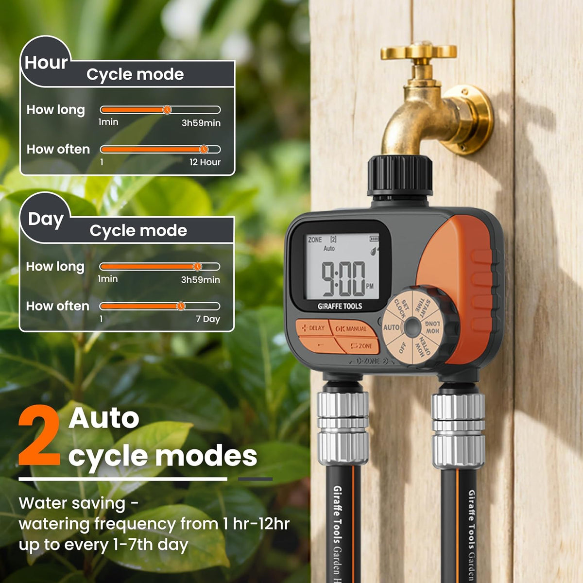 Giraffe Tools Garden Hose 100ft x 5/8", Water Hose Heavy Duty, Flexible with Watering Timer Nozzle and Yard Sprinkler, Lightweight Hybrid Hose with Swivel Handle, Male to Female Fittings
