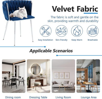 Velvet Dining Chairs Velvet Woven Upholstered Dining Room Chair Modern Armrest Lounge Chair with Metal Legs for Dining Kitchen Vanity Chair for Makeup Room (Navy+Sliver Leg, Set of 2)