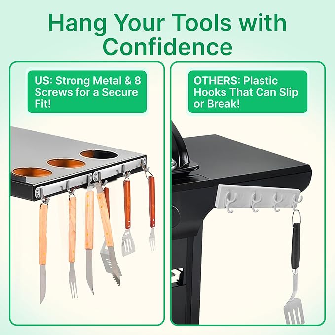 TidyFriend Grill Hooks for Utensils, 2 Pack Heavy Duty BBQ Grill Utensil Holder with 8 Screws, Metal Grill Tool Hanger for Char-Broil, Weber, Blackstone, and Charcoal Grills