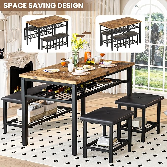 Lamerge Kitchen Tables Set for 4, Rectangular Dining Room Table Set with Bench and Stools, 4 Pieces Dining Room Table Set with Storage Rack for Small Space, Breakfast Nook and Apartment, Rustic Brown