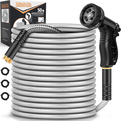 Garden Hose Metal 50FT, Stainless Steel Heavy Duty Water Hose With 10 Function Nozzle, No-Kink, Tough & Flexible, Sturdy and Lightweight, Rust Proof hose for Yard, Outdoor, RV