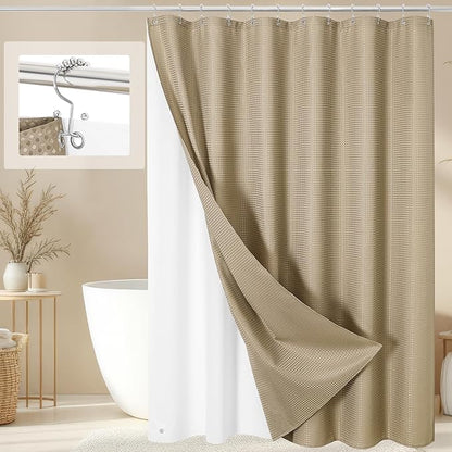 3 in 1 Extra Long Beige Shower Curtain Set-72 W x 84 H, Tan Waffle and PEVA Liner Set with 12 Stainless Steel Hooks, Waterproof Fabric for Bathroom