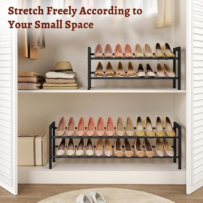 FAVOOSTY 2-Tier Expandable Shoe Rack, Adjustable Shoe Shelf Storage Organizer Space Saving Metal Free Standing Shoe Rack for Entryway Closet Doorway, Black