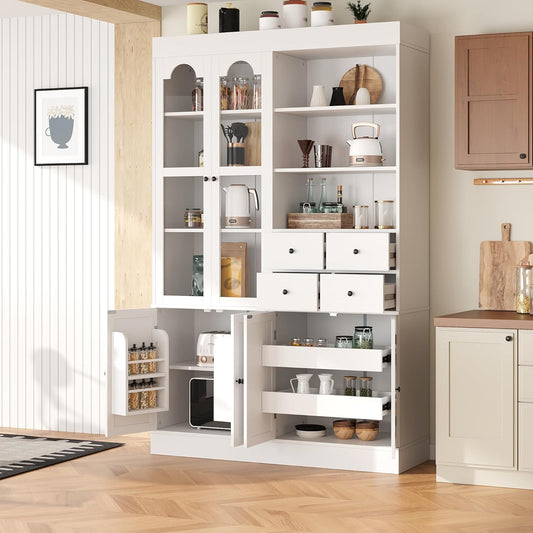 47" Tall Storage Cabinet Pantry Cabinet:with Pull-Out Trays for Kitchen | 47"Tall Storage Cabinet:With Doors and Shelves,Kitchen Pantry Cabinet With Hutch,4 Drawers,Pantry Storage With Pull-out Trays