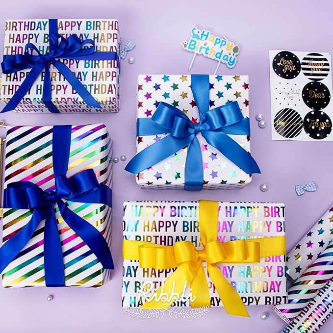 Ribbli Birthday Wrapping Paper 30 Inch Iridescent Gift Wrapping Paper 4 Rolls Happy Birthday Polka Dots Stripes Stars Printed Assortment -120 inch(10feet) Per Roll