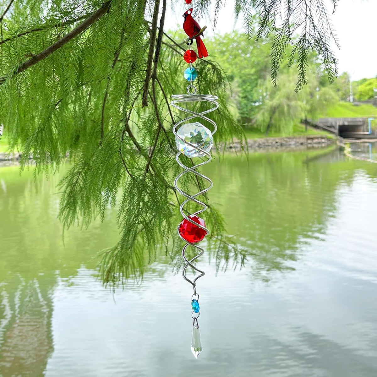 FONMY Cardinal Gazing Ball Spiral Tail Wind Spinner Sun Catcher Rainbow Maker Silver Spiral W/ K9 Crystal Ball Tree Hanging Ornament Indoor Outdoor Garden Decor. 19.5inch H