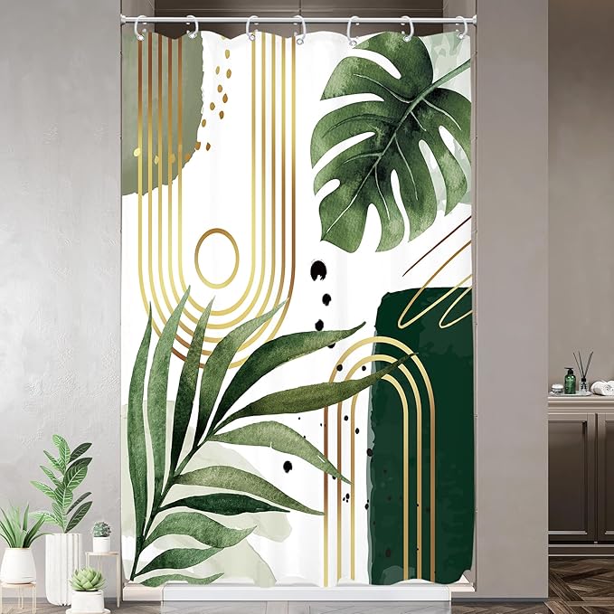 Glawry Green Gold Boho Mid Century Shower Curtain Small Stall RV Narrow Abstract Minimalist Modern Geometric Leaf Bathroom Simple 48Wx72L Inches Bath Accessories Art Home Decor Fabric 8 Pack Hook
