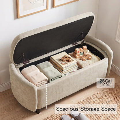 Furniliving 46.5‘’ Chenille Storage Bench, Button-Tufted Upholstered Storage Ottoman Bench with Safety Hinge, End of Bed Bench for Bedroom Entryway Living Room, Camel