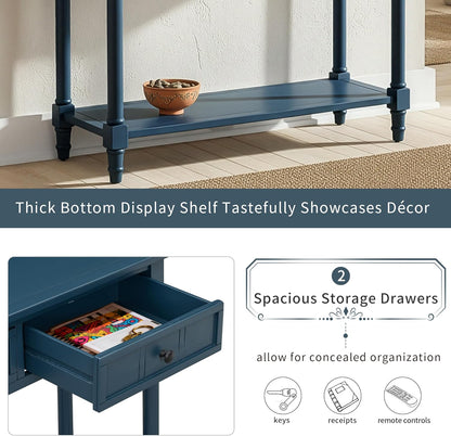 Merax Long Narrow Entryway Console Table with Storage Drawers and Bottom Shelf Dark Navy