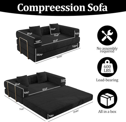 59 Inch Convertible Sofas Bed, 5-in-1 Futon Sofa Pull Out Sleeper Couch, Couches for Living Room, Corduroy Floor Compression Loveseat for Bedroom, Apartment, No Assembly, Black, 2 Seat