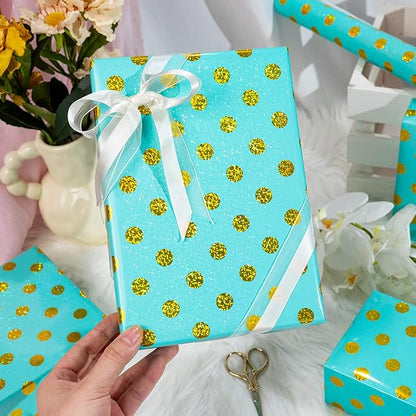 Burymento Blue Holographic Dots Wrapping Paper, Reversible Gold Gift Wrap for Birthday, Valentines, Mothers day, Graduation, Wedding, Fathers day, Baby Shower, Christmas (17in x 16.4ft)