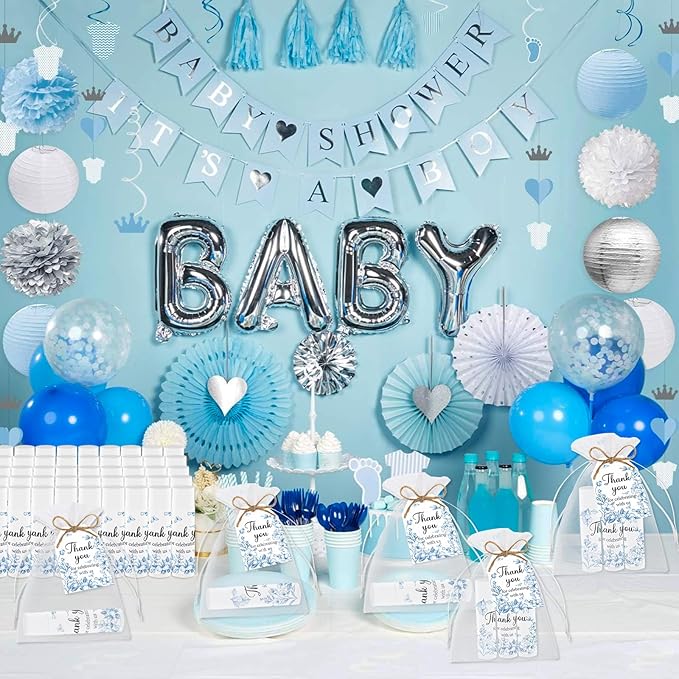 50 PCS Blue Flower Bridal Baby Shower Lip Balm Gift Baby Shower Favor Party Wedding and Engagement Party Bulk Lip Balm Thank You Gifts with Card Tags for Guests (blue flower)