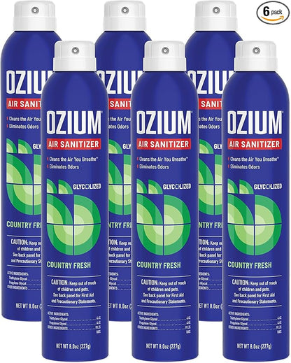 Ozium Air Sanitizer Spray - Room Odor Eliminator for Home, Car, and Office - Country Fresh Air Cleaner - 8 oz Can - 6 Pack
