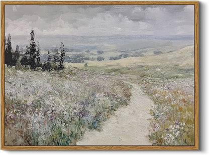 InSimSea Framed Wall Art for Living Room Vintage Landscape Decor Meadow Path Flowers Paingting Wall Decor Aesthetic Cloudy Farmhouse Art Canvas Print Home Decor for Bathrrom, Bedroom Décor 12x16In