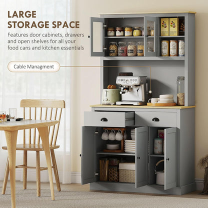71-inch Modern freestanding Pantry Cabinet, Four Adjustable Shelves at Three Heights, Wide Counter Cable Hole, Gray Yellow Oak
