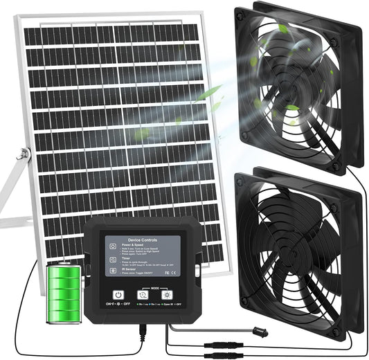 25W Solar Fan for Chicken Coop with Battery, Solar Exhaust Fan for Shed & Greenhouse, 3 Modes Controller (Continuous/Timer/Motion Sensor), Solar Powered Fan for Intake or Exhaust Vent Cooling