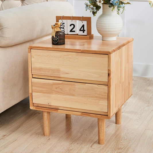 Modern Natural Wooden Nightstand with Drawers - Solid Wood Night Stand 2 Drawer Mid Century Small Narrow Bedside Side End Table with Storage for Living Room Bedroom, 15.7" D x 17.1" W x 19.6" H