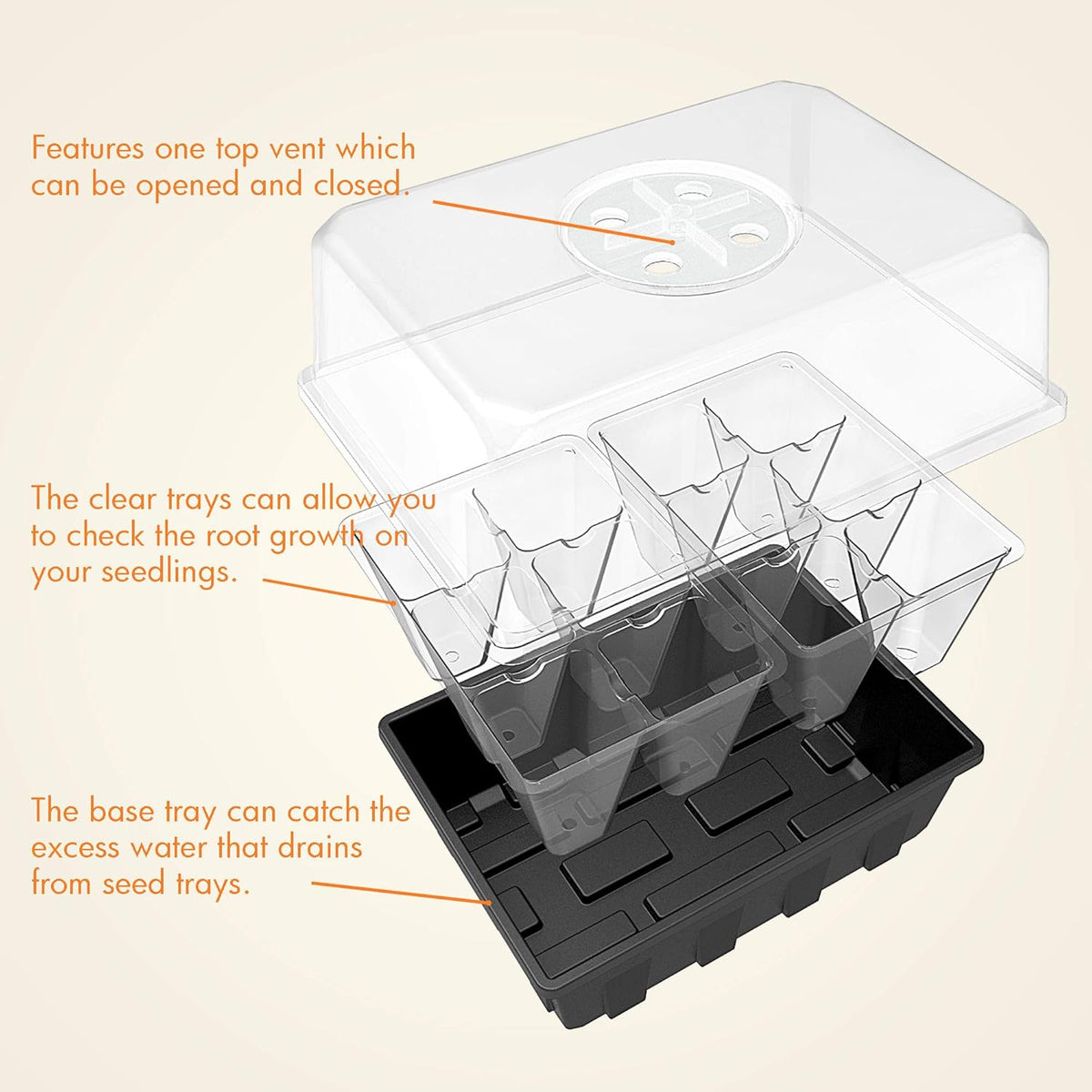 Gardzen 10 Pack Seed Starting Tray, Plant Germination Trays, Seed Starter Kit with Adjustable Humidity Vented Dome, Plant Growing Kit 6.6" x 4.5", Total 120-Cell, Clear