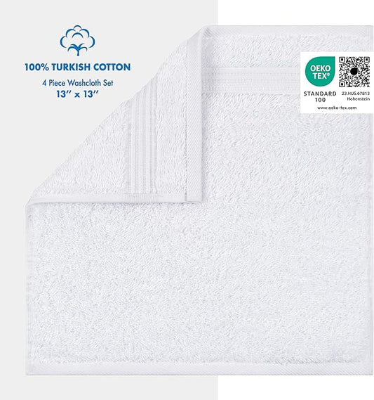 Cotton Paradise 100% Cotton Turkish Washcloth Set for Bathroom, 4 Piece Soft Absorbent Small Hand Face Towels Wash Rags, White