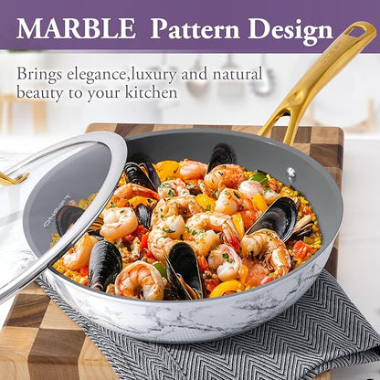 Frying Pan Nonstick, 10 Inch Skillet Easy to Clean, Kitchen Fry Pan without PTFE & PFOA, Compatible with All Stovetops, Lightweight and Durable, Marble White