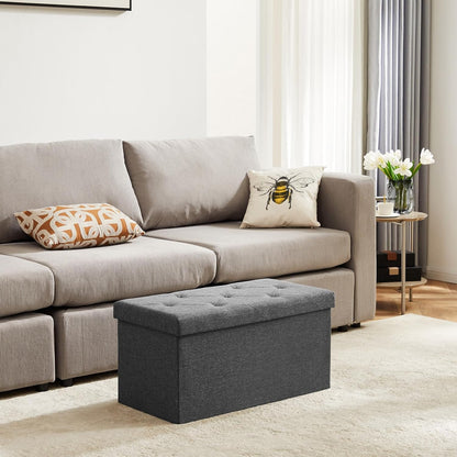 DUMOS 43 Inch Folding Storage Ottoman Bench, Upholstered Ottoman with Storage Holds 660 lbs, End of Bed Foot Rest Stool for Bedroom, Living Room, Entryway, Linen Fabric, Grey