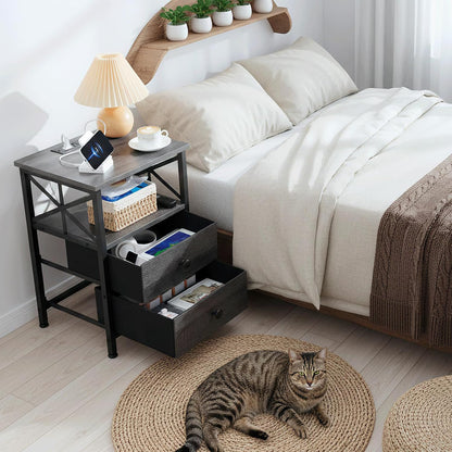 AMHANCIBLE Nightstands Set of 2, Large Night Stand with Charging Station | Bedside Table with 2 Fabric Drawers, End Side Tables Living Room, with Open Shelf, USB Ports Outlets, for Bedroom, Dark Grey